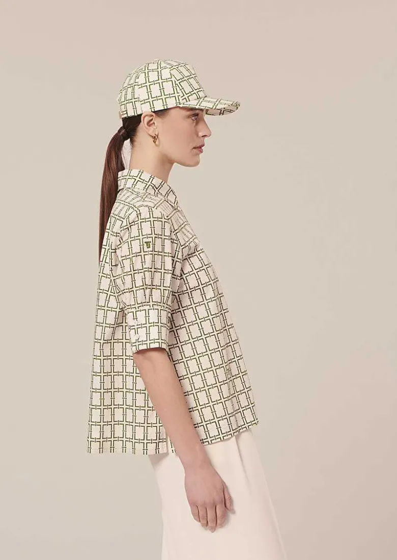 TARA JARMON Cameron Ecru With Green Graphic Design Poplin Shirt Online
