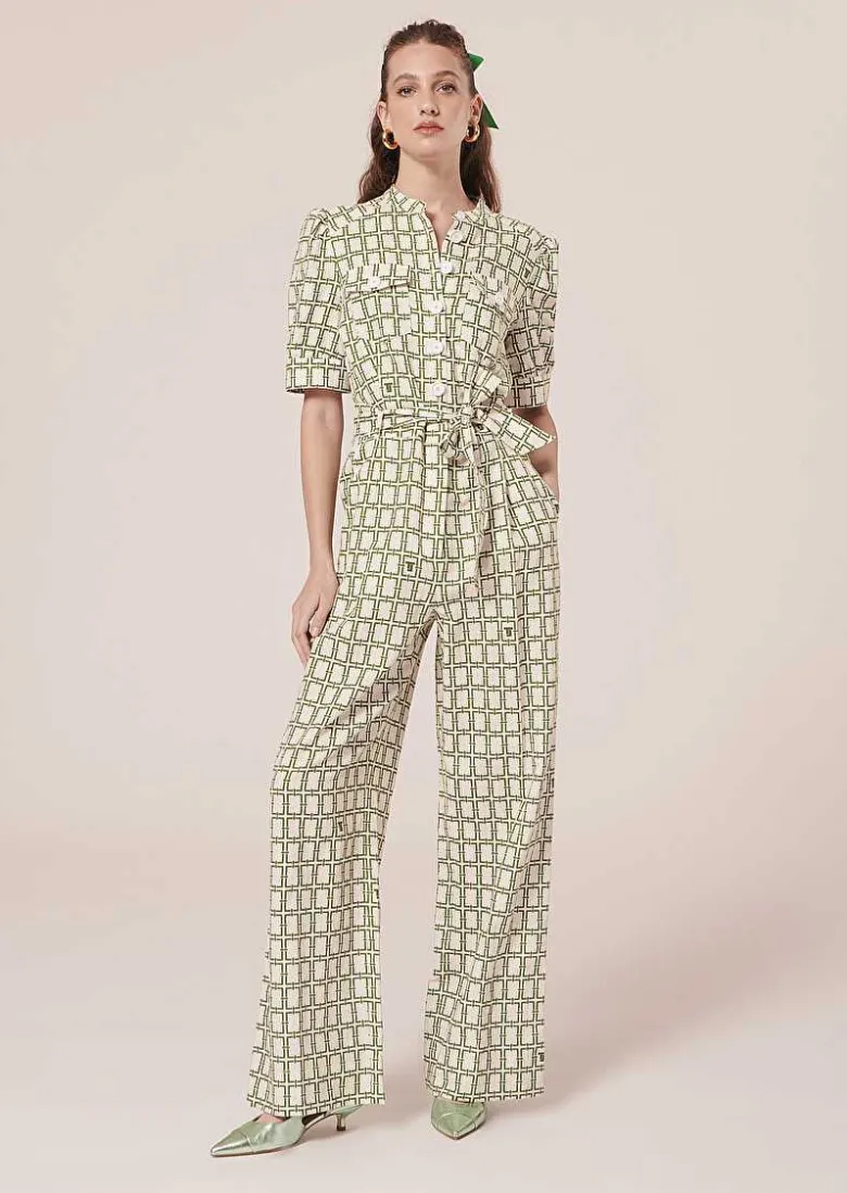 TARA JARMON Carina Ecru With Green Graphic Design Jumpsuit Flash Sale
