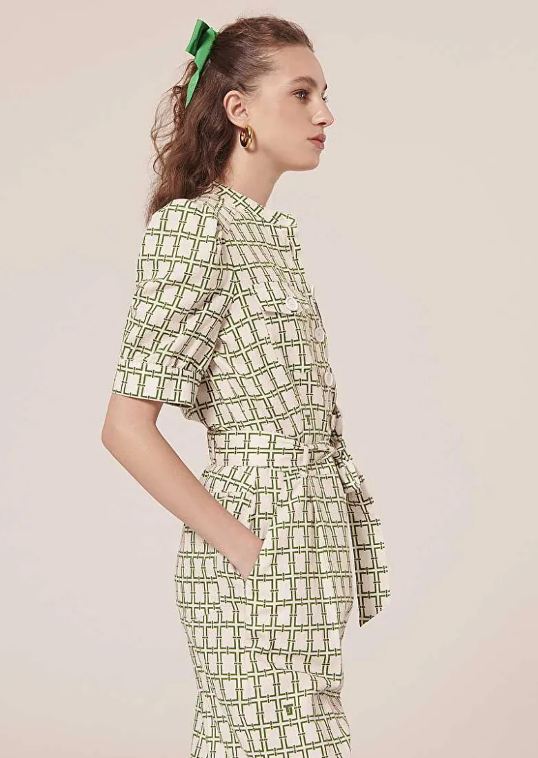 TARA JARMON Carina Ecru With Green Graphic Design Jumpsuit Flash Sale