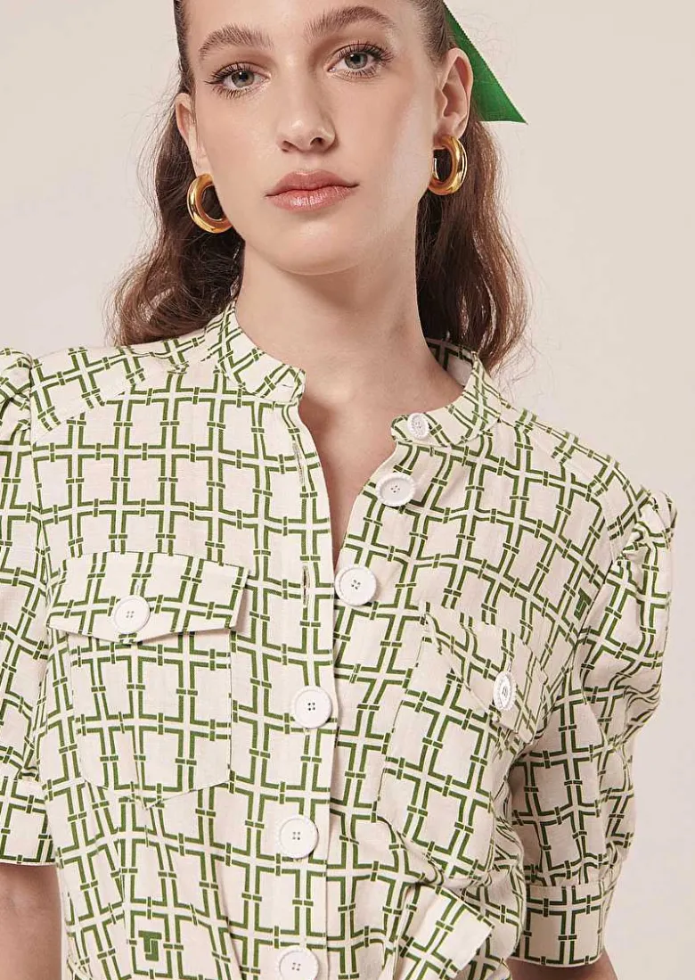 TARA JARMON Carina Ecru With Green Graphic Design Jumpsuit Flash Sale