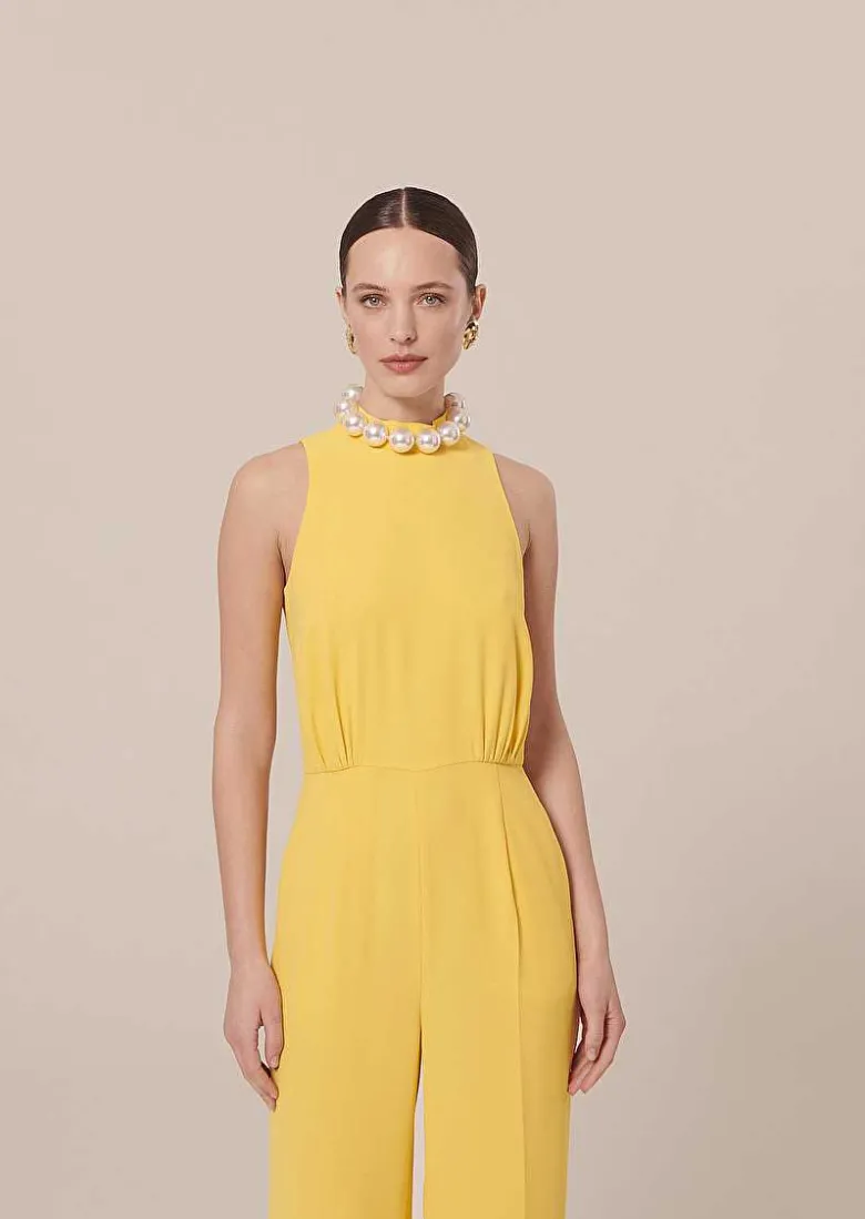 TARA JARMON Cecile Yellow Crepe Jumpsuit Clearance