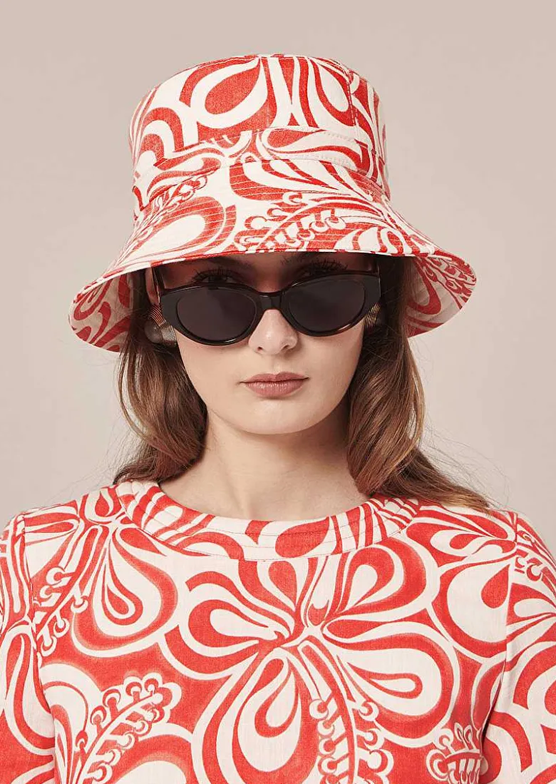 TARA JARMON Chloe Ecru With Coral Graphic Bucket Hat Flash Sale