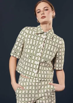 TARA JARMON Christine Ecru With Green Graphic Design Shirt Discount