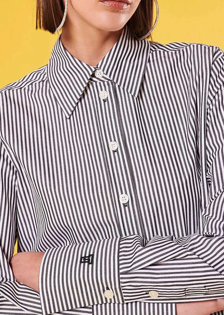 TARA JARMON Clarence Black With Stripes Poplin Shirt New