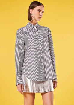 TARA JARMON Clarence Black With Stripes Poplin Shirt New