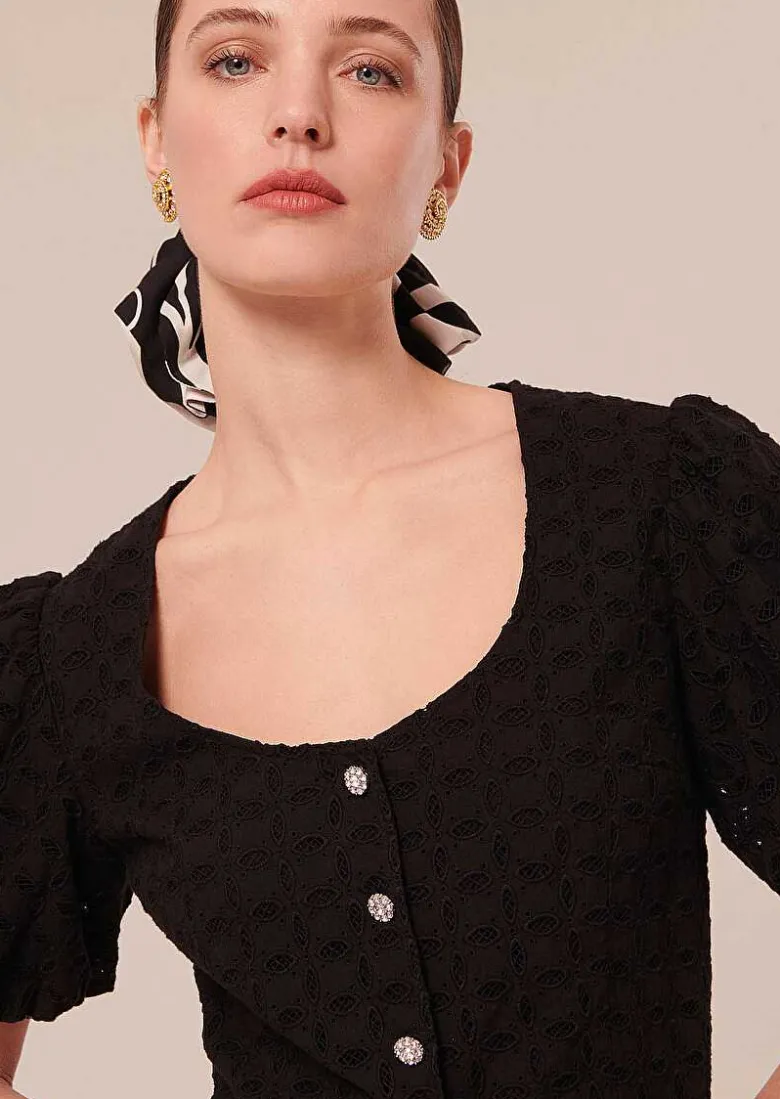 TARA JARMON Clorinda Black Embroidered Shirt New