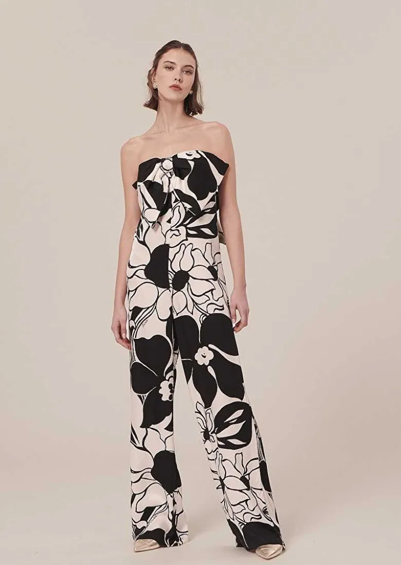 TARA JARMON Coeur Ecru With Black Flowers Jumpsuit Hot