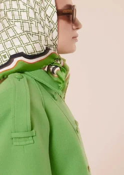 TARA JARMON Eileen Ecru With Green Graphic Design Silk Scarf Sale