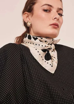TARA JARMON Estee Ecru With Black Polka Hearts Silk Scarf Store