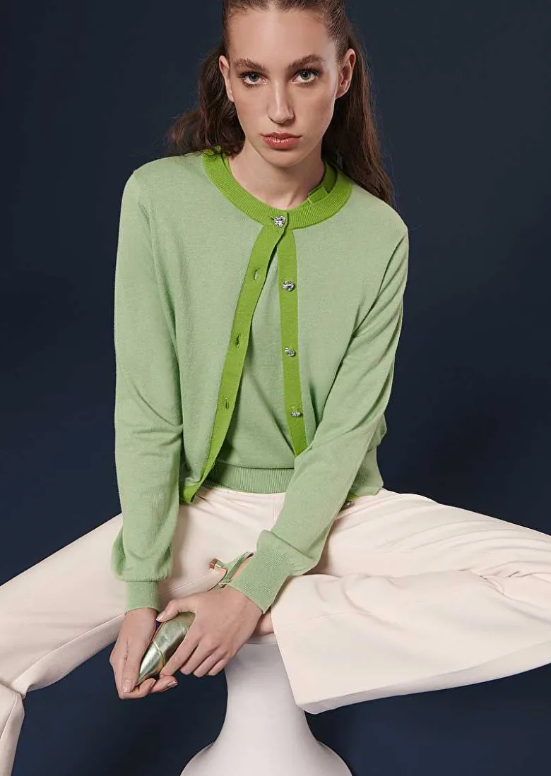 TARA JARMON Gaelle Green Cotton And Wool Cardigan Sale
