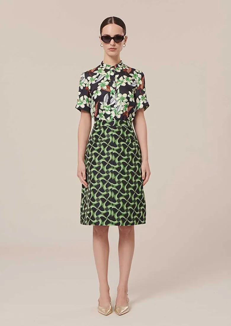 TARA JARMON Jola Midnight Blue With Green Graphic Design Skirt Sale