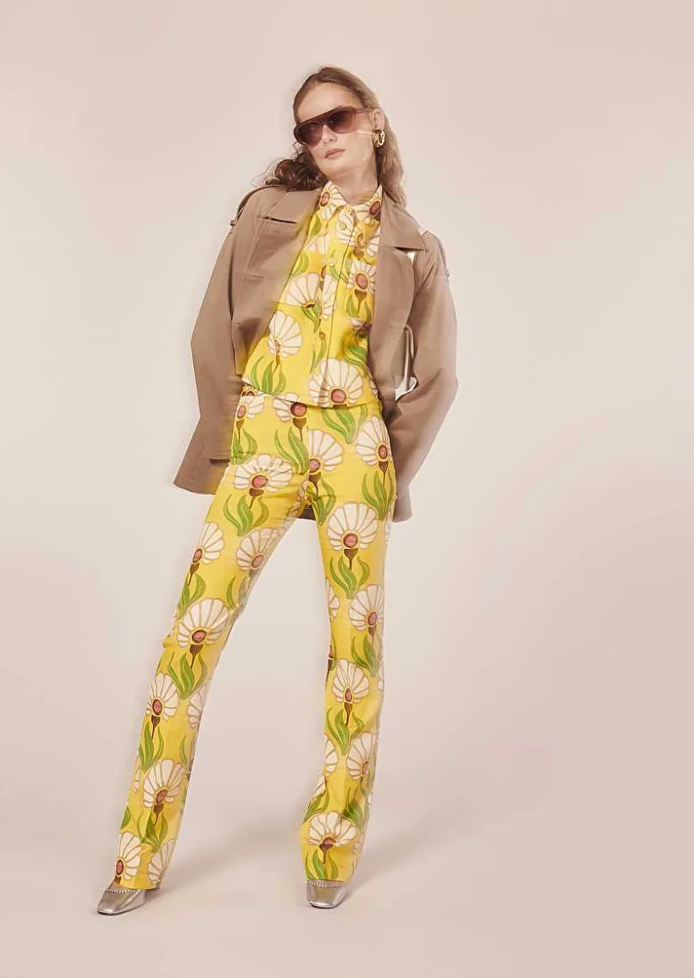 TARA JARMON Paivan Yellow Flowers Printed Pants Sale