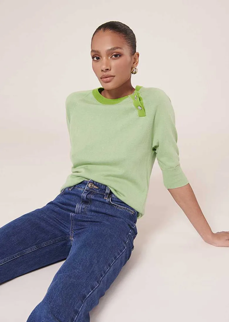 TARA JARMON Pastelle Green Cotton And Wool Sweater Clearance