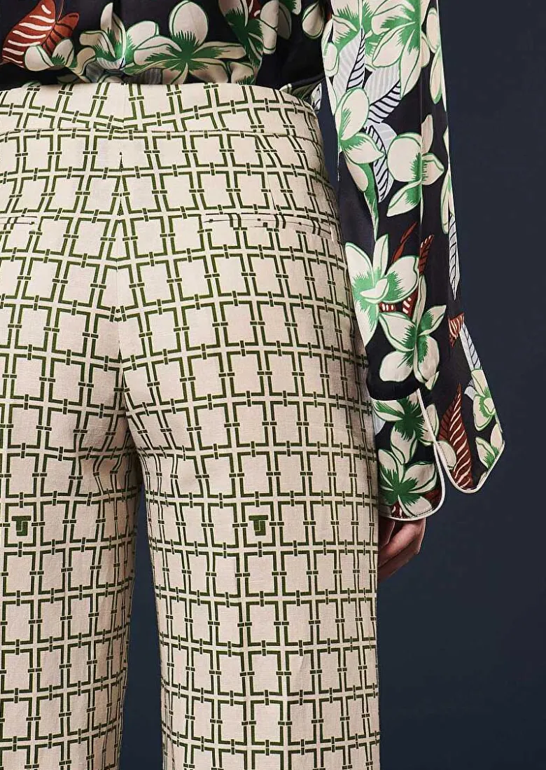 TARA JARMON Primavera Ecru With Green Graphic Design Pants Online