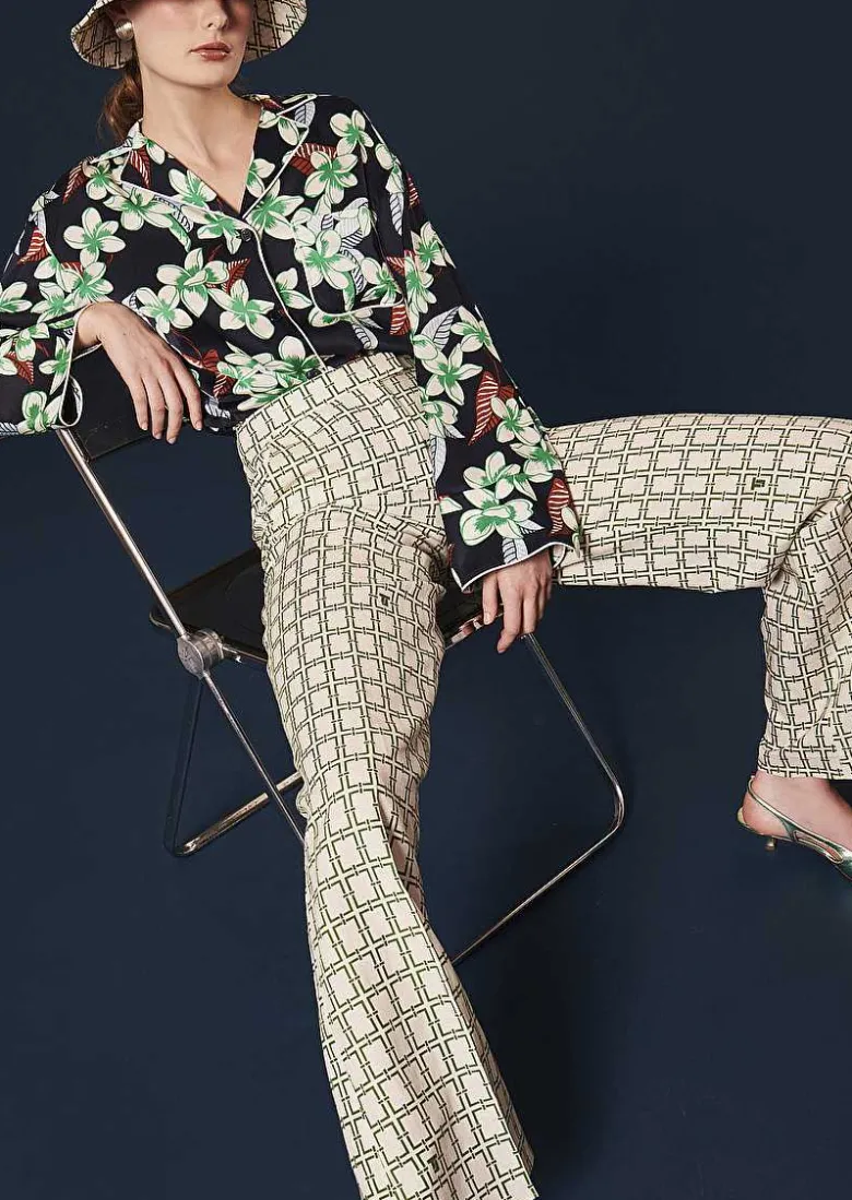 TARA JARMON Primavera Ecru With Green Graphic Design Pants Online