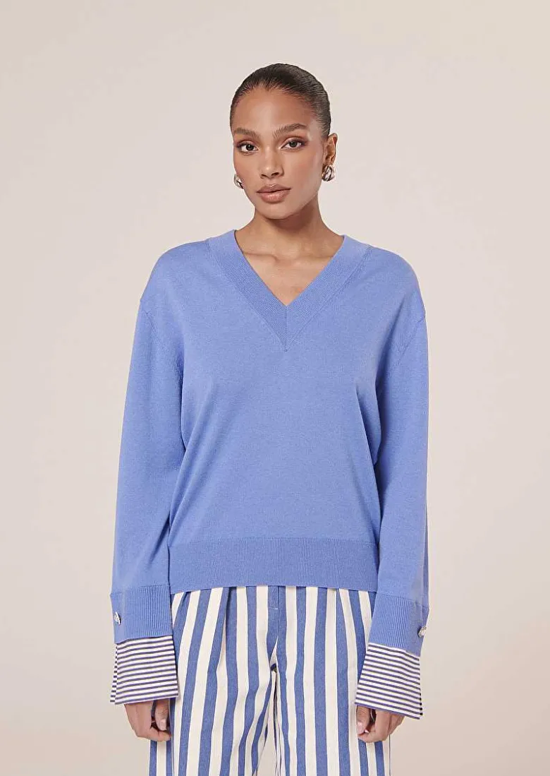 TARA JARMON Primrose Blue Sweater In Cotton And Extrafine Merinos Wool Outlet