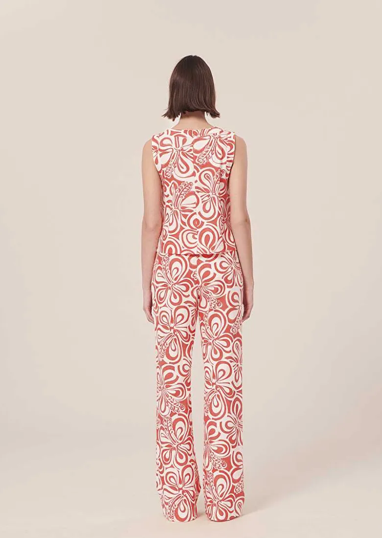 TARA JARMON Prosper Ecru With Coral Graphic Design Pants Shop