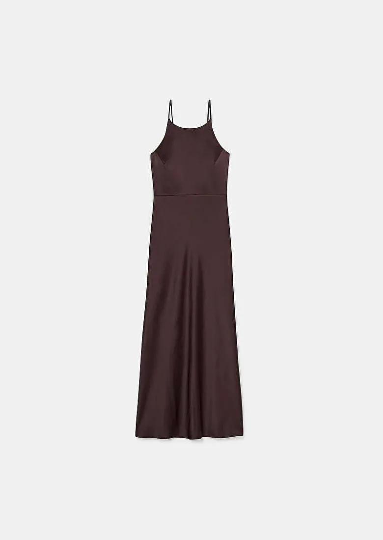 TARA JARMON Raphaelle Brown Fluid Satin Dress Fashion
