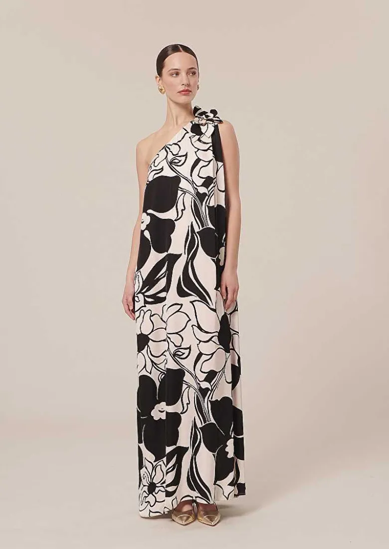 TARA JARMON Rekia Ecru With Black Flowers Dress Best Sale