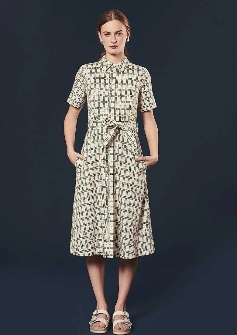 TARA JARMON Retronie Ecru With Green Graphic Design Dress Outlet