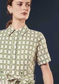 TARA JARMON Retronie Ecru With Green Graphic Design Dress Outlet