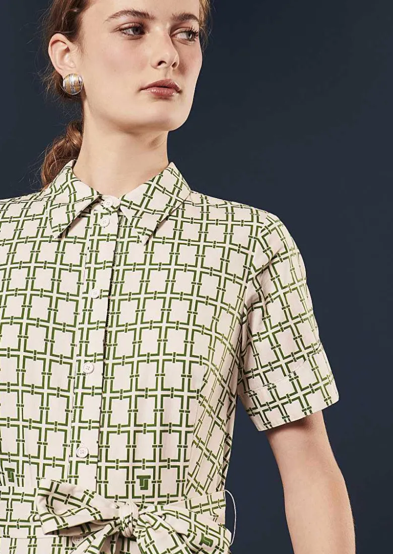 TARA JARMON Retronie Ecru With Green Graphic Design Dress Outlet