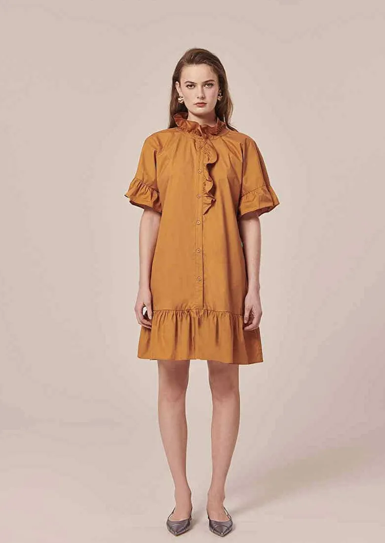 TARA JARMON Ripoline Brown Crisp Poplin Dress Best Sale