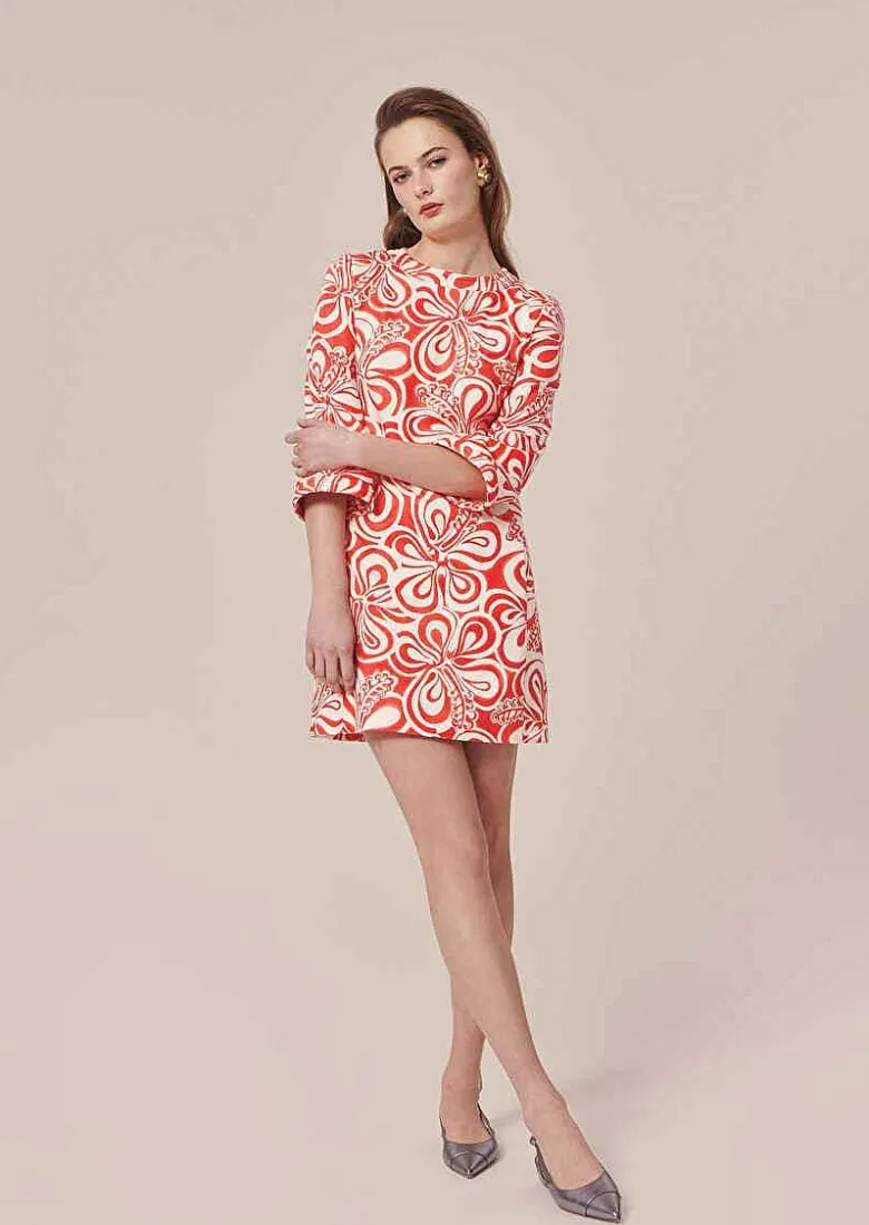 TARA JARMON Rivanna Ecru With Coral Graphic Design Cotton Dress Discount