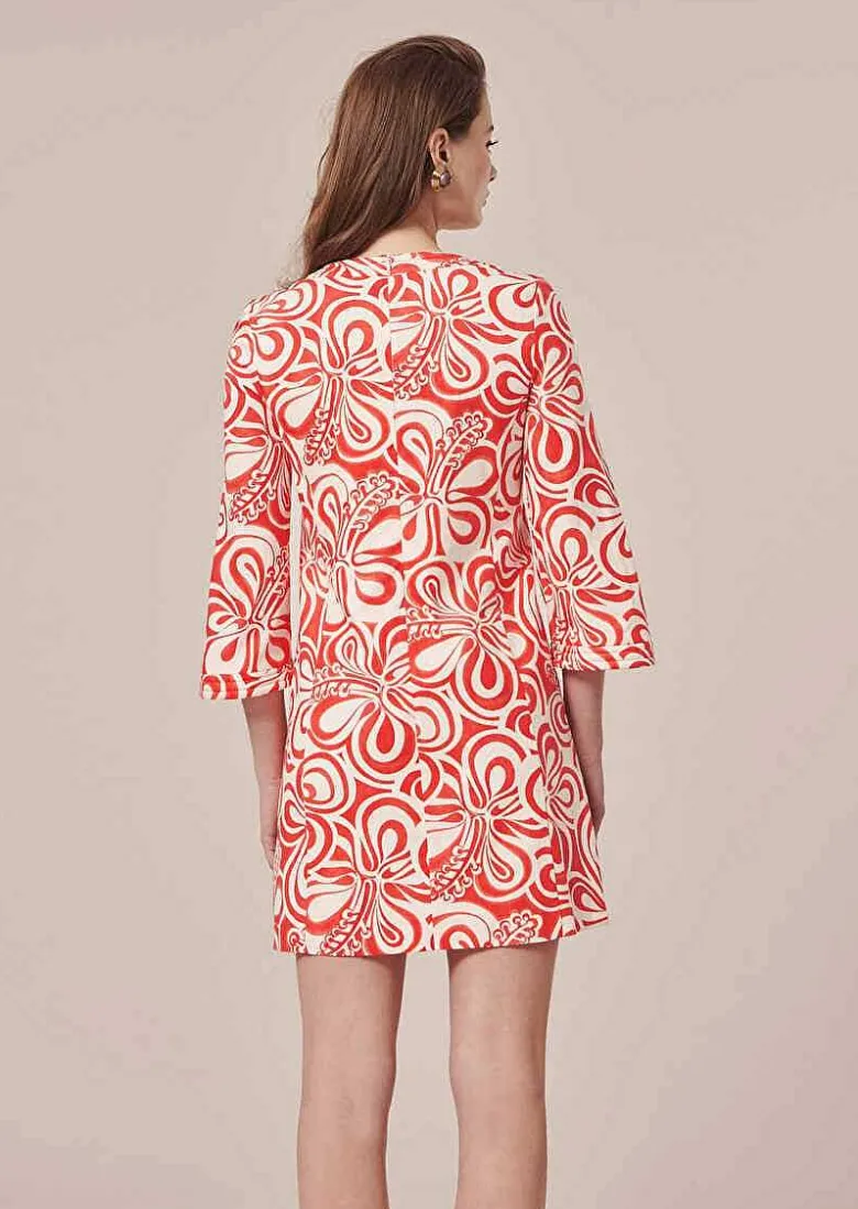 TARA JARMON Rivanna Ecru With Coral Graphic Design Cotton Dress Discount
