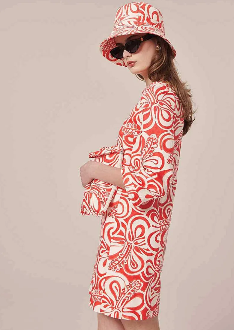 TARA JARMON Rivanna Ecru With Coral Graphic Design Cotton Dress Discount