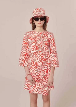 TARA JARMON Rivanna Ecru With Coral Graphic Design Cotton Dress Discount
