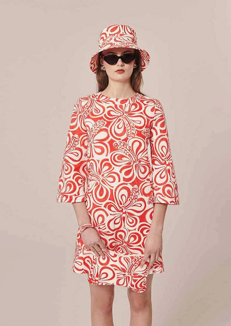 TARA JARMON Rivanna Ecru With Coral Graphic Design Cotton Dress Discount