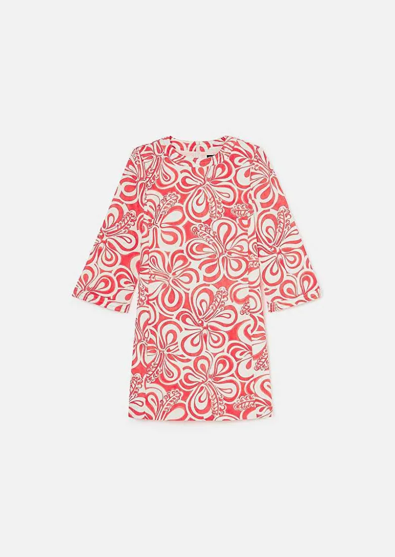 TARA JARMON Rivanna Ecru With Coral Graphic Design Cotton Dress Discount