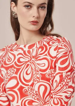 TARA JARMON Rivanna Ecru With Coral Graphic Design Cotton Dress Discount