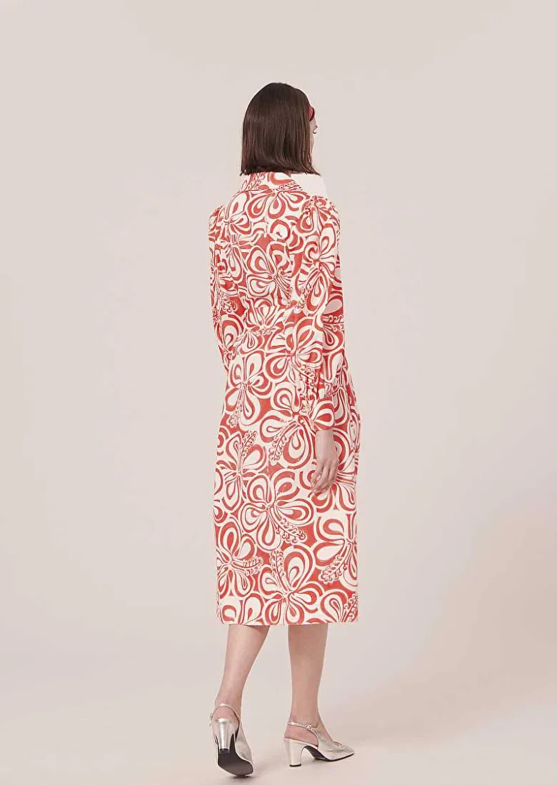 TARA JARMON Rivolta Ecru With Coral Graphic Design Poplin Dress Shop
