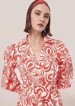 TARA JARMON Rivolta Ecru With Coral Graphic Design Poplin Dress Shop