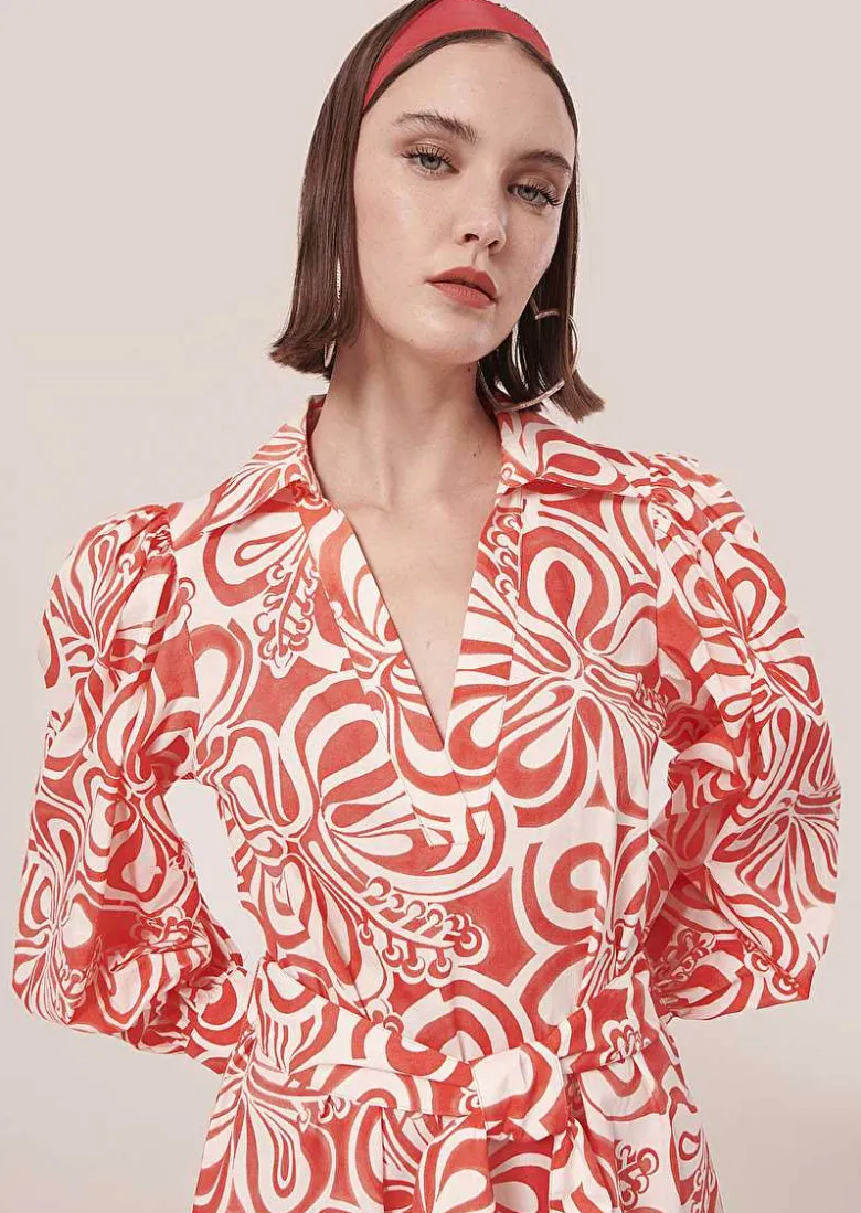 TARA JARMON Rivolta Ecru With Coral Graphic Design Poplin Dress Shop
