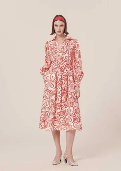 TARA JARMON Rivolta Ecru With Coral Graphic Design Poplin Dress Shop