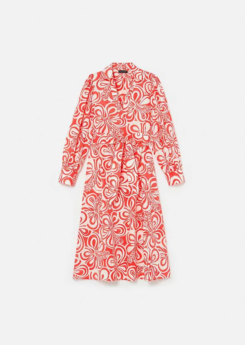 TARA JARMON Rivolta Ecru With Coral Graphic Design Poplin Dress Shop