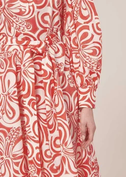 TARA JARMON Rivolta Ecru With Coral Graphic Design Poplin Dress Shop