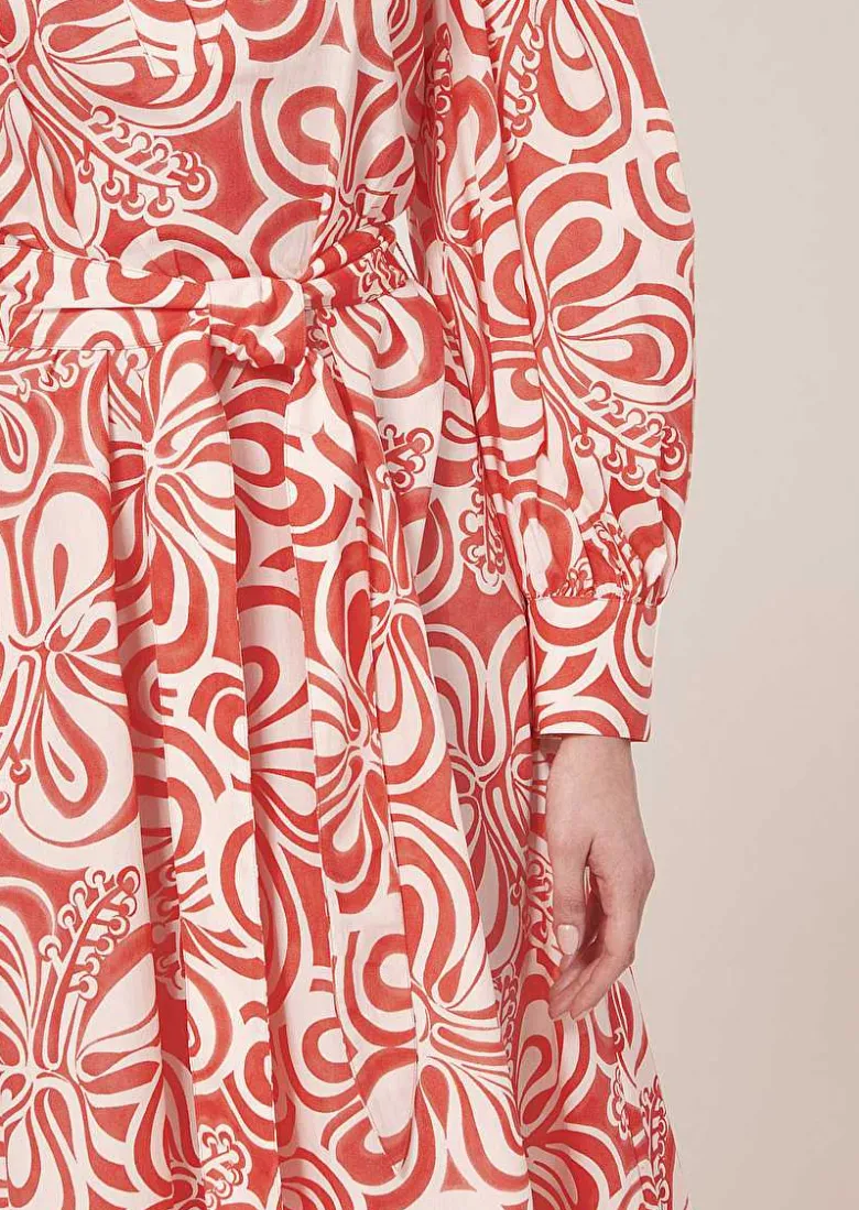 TARA JARMON Rivolta Ecru With Coral Graphic Design Poplin Dress Shop