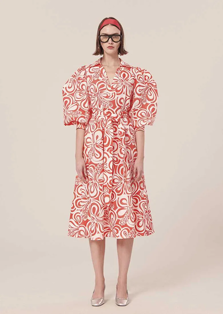 TARA JARMON Rivolta Ecru With Coral Graphic Design Poplin Dress Shop