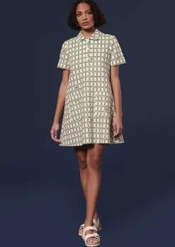 TARA JARMON Romarin Ecru With Green Graphic Design Dress Flash Sale