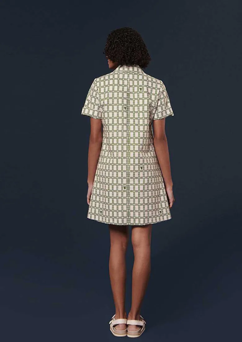 TARA JARMON Romarin Ecru With Green Graphic Design Dress Flash Sale