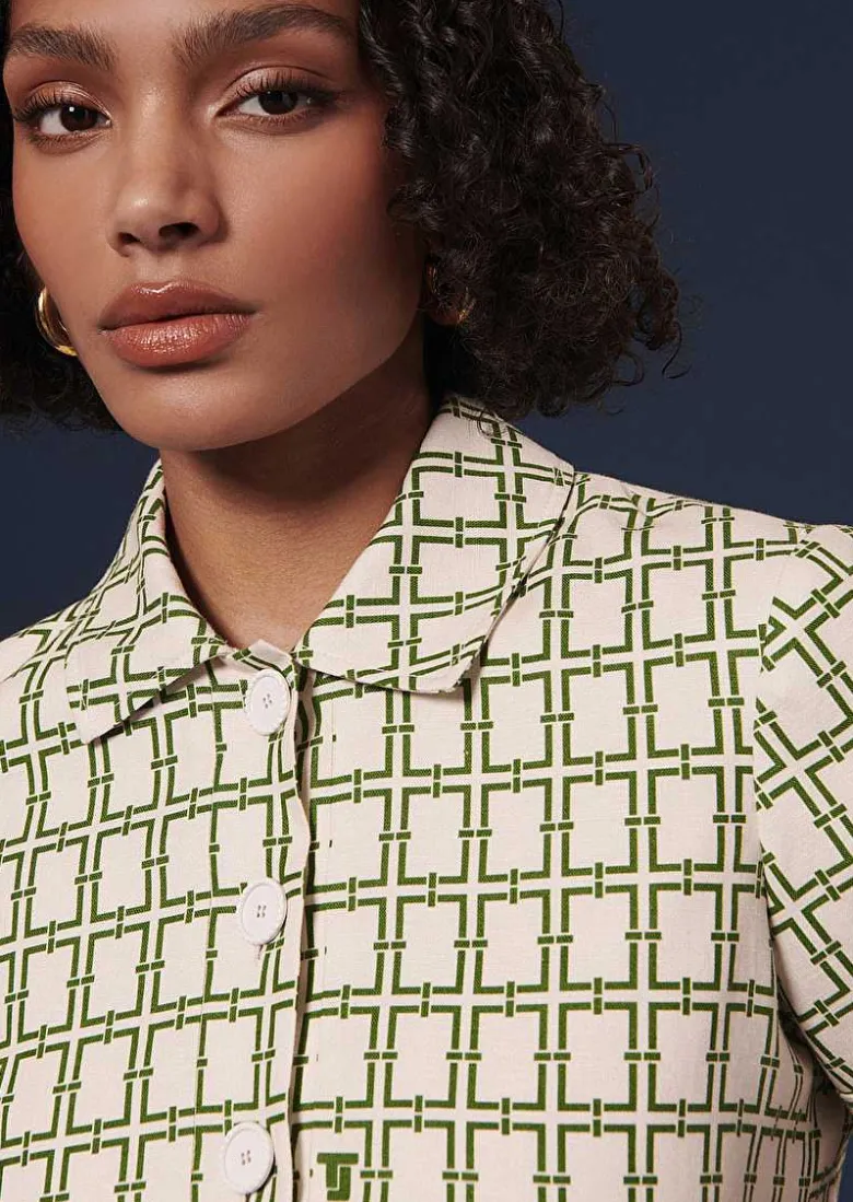 TARA JARMON Romarin Ecru With Green Graphic Design Dress Flash Sale