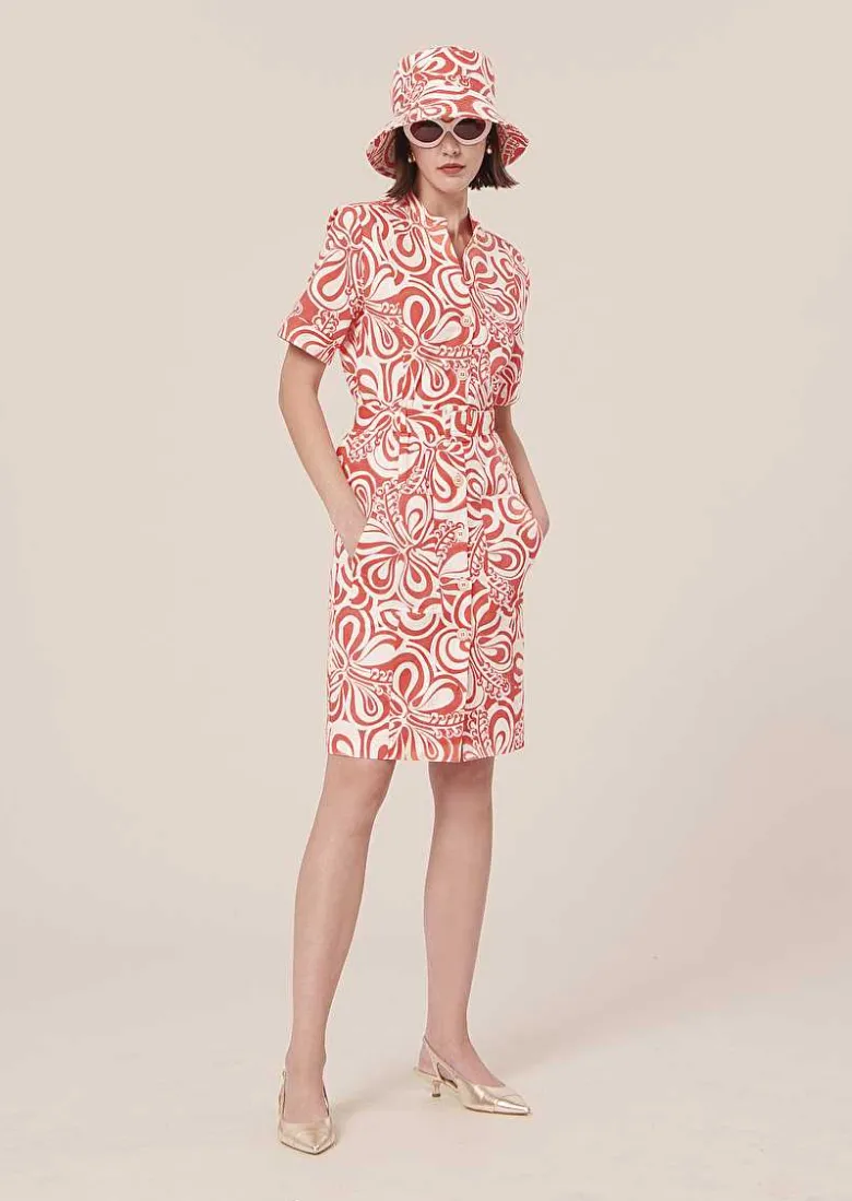 TARA JARMON Rosemarine Ecru With Coral Graphic Design Cotton Dress Online