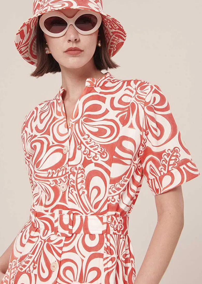 TARA JARMON Rosemarine Ecru With Coral Graphic Design Cotton Dress Online