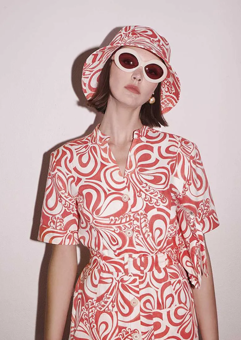 TARA JARMON Rosemarine Ecru With Coral Graphic Design Cotton Dress Online
