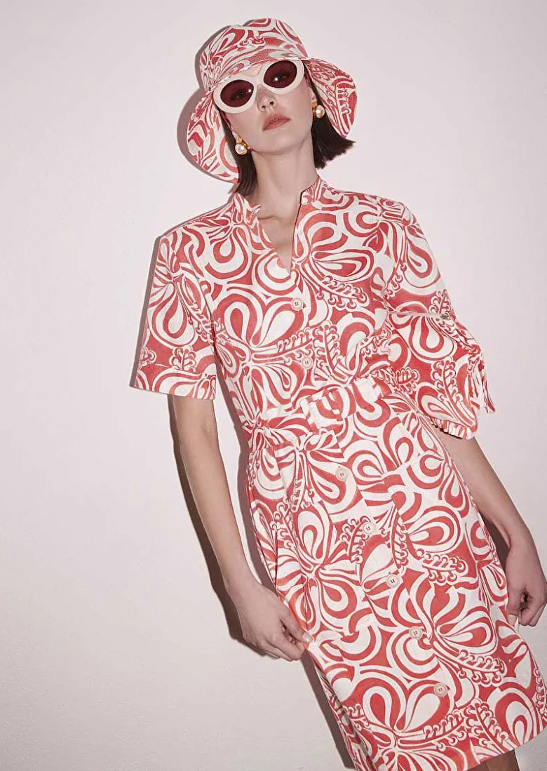 TARA JARMON Rosemarine Ecru With Coral Graphic Design Cotton Dress Online