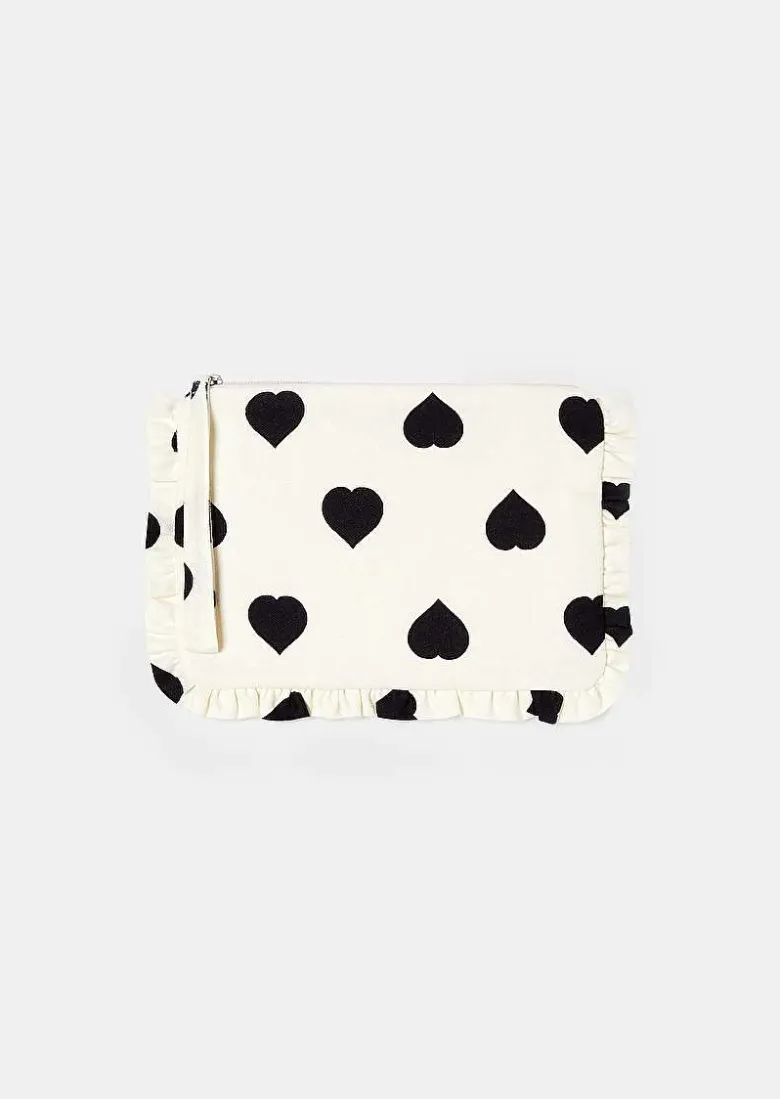 TARA JARMON Sabrina Ecru With Black Polka Hearts Soft Clutch New